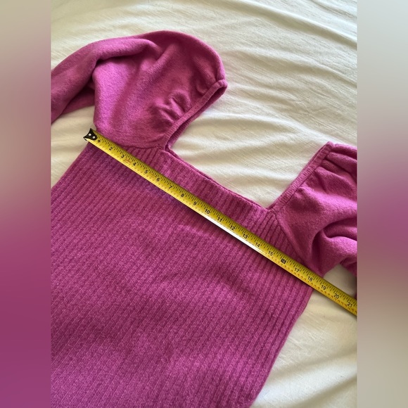 Halogen Puff Sleeve Ribbed Sweater Wool Blend square neck pink Sz: L NWT - Picture 6 of 11